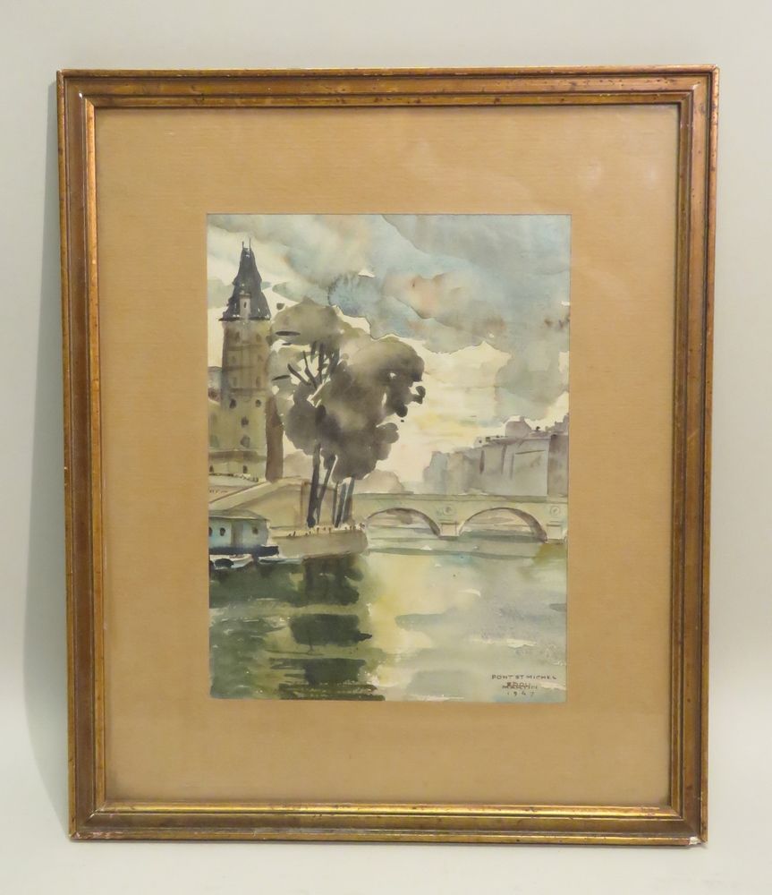 Null MARTIN (Xxème). "Le Pont Saint-Michel", Paris, 1947. Aquarelle sur papier, &hellip;