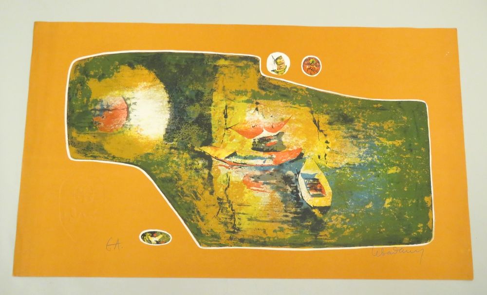 Null Dang LEBADANG (1921-2015). Les barques. Lithographie couleurs sur papier fo&hellip;