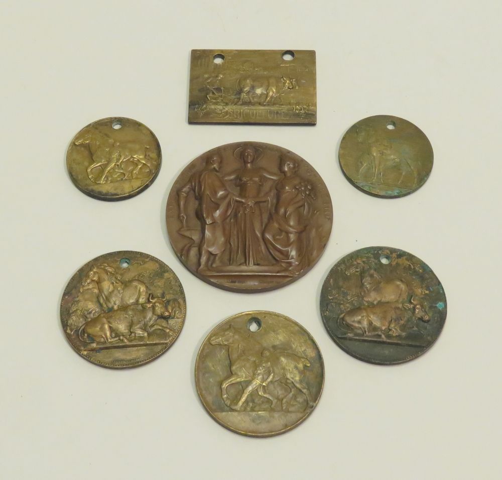 Null 本拍品有七枚不同的铜质奖章，包括重要的 "1897年布鲁塞尔国际博览会 "奖章。直径：7厘米（五个穿孔）。