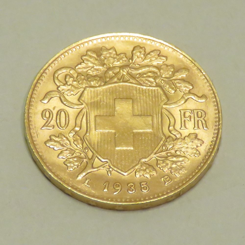 Null 1935年的20瑞士法郎金币 "Vreneli"。重量：6克45。直径：21毫米。