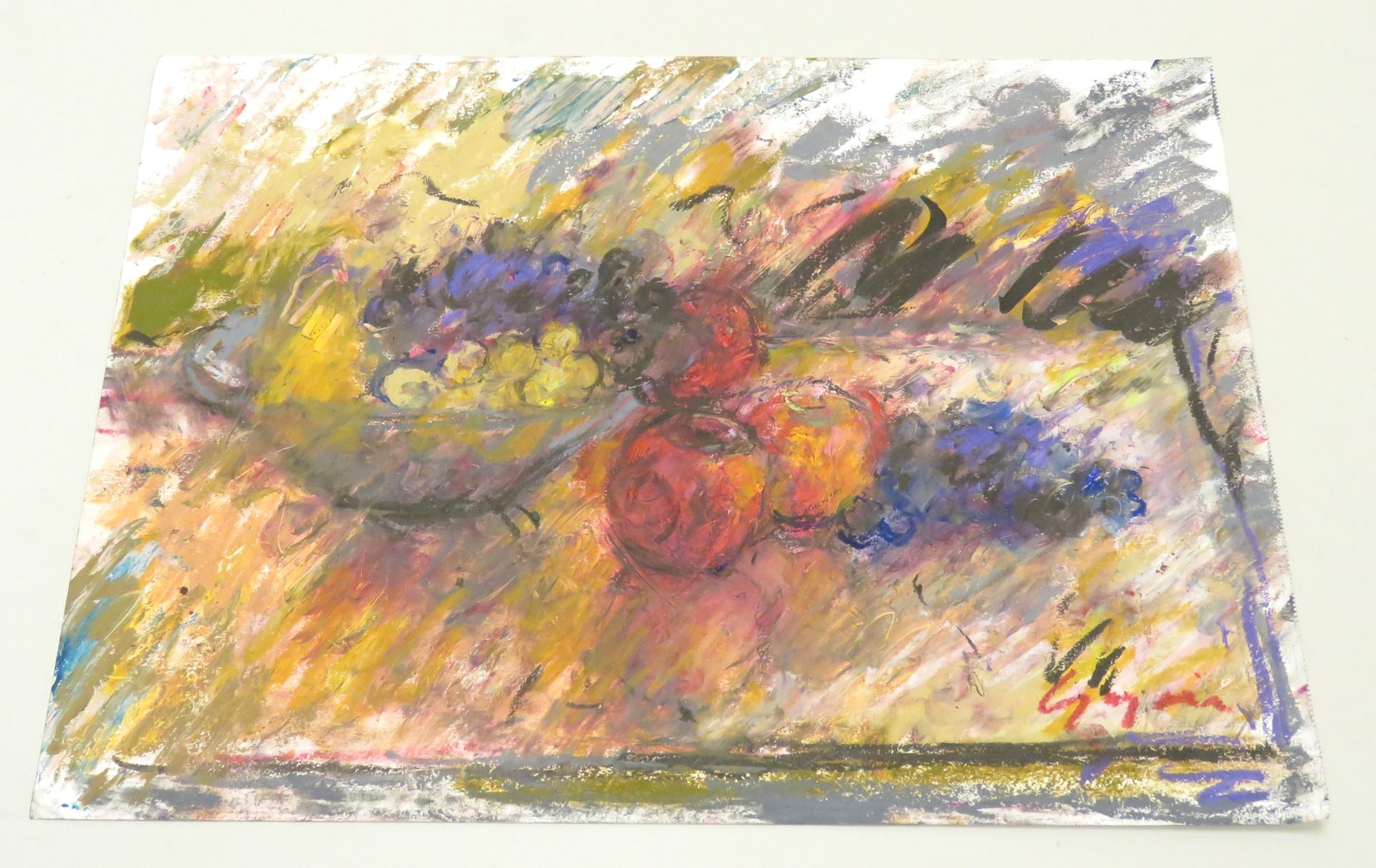 Null Pierre GOGOIS (né en 1935). "Pommes et raisin". Pastel gras sur papier, sig&hellip;