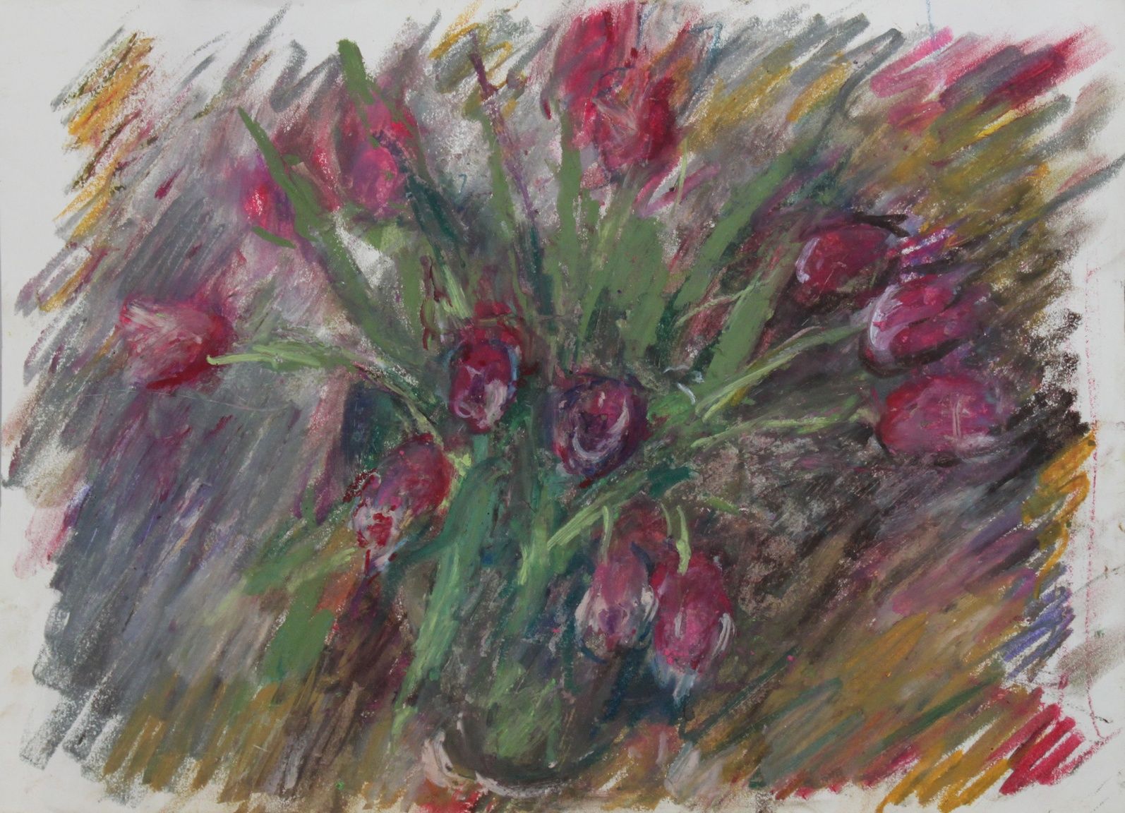 Null Pierre GOGOIS (né en 1935). "Tulipes" . Pastel gras sur papier, non signé. &hellip;