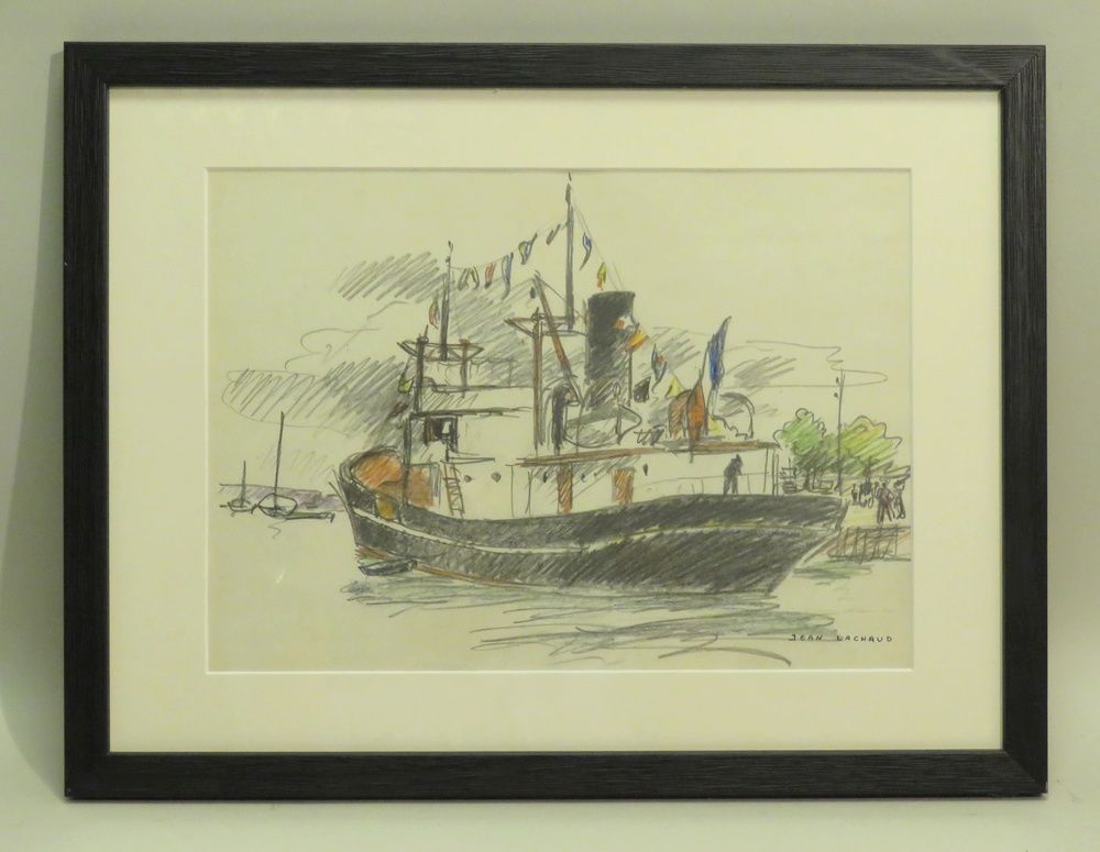 Null Jean LACHAUD (1882-1952). Bateau au port. Crayon et pastel sur papier, sign&hellip;