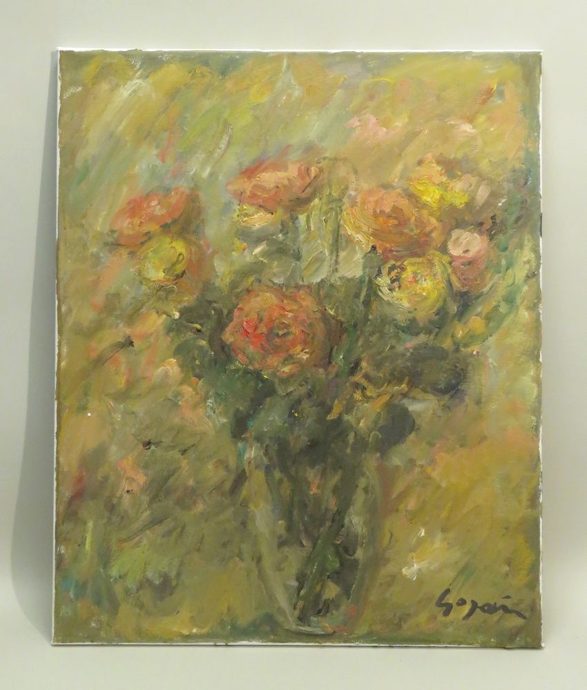 Null Pierre GOGOIS (né en 1935). Le vase fleuri. Huile sur toile, signée en bas &hellip;