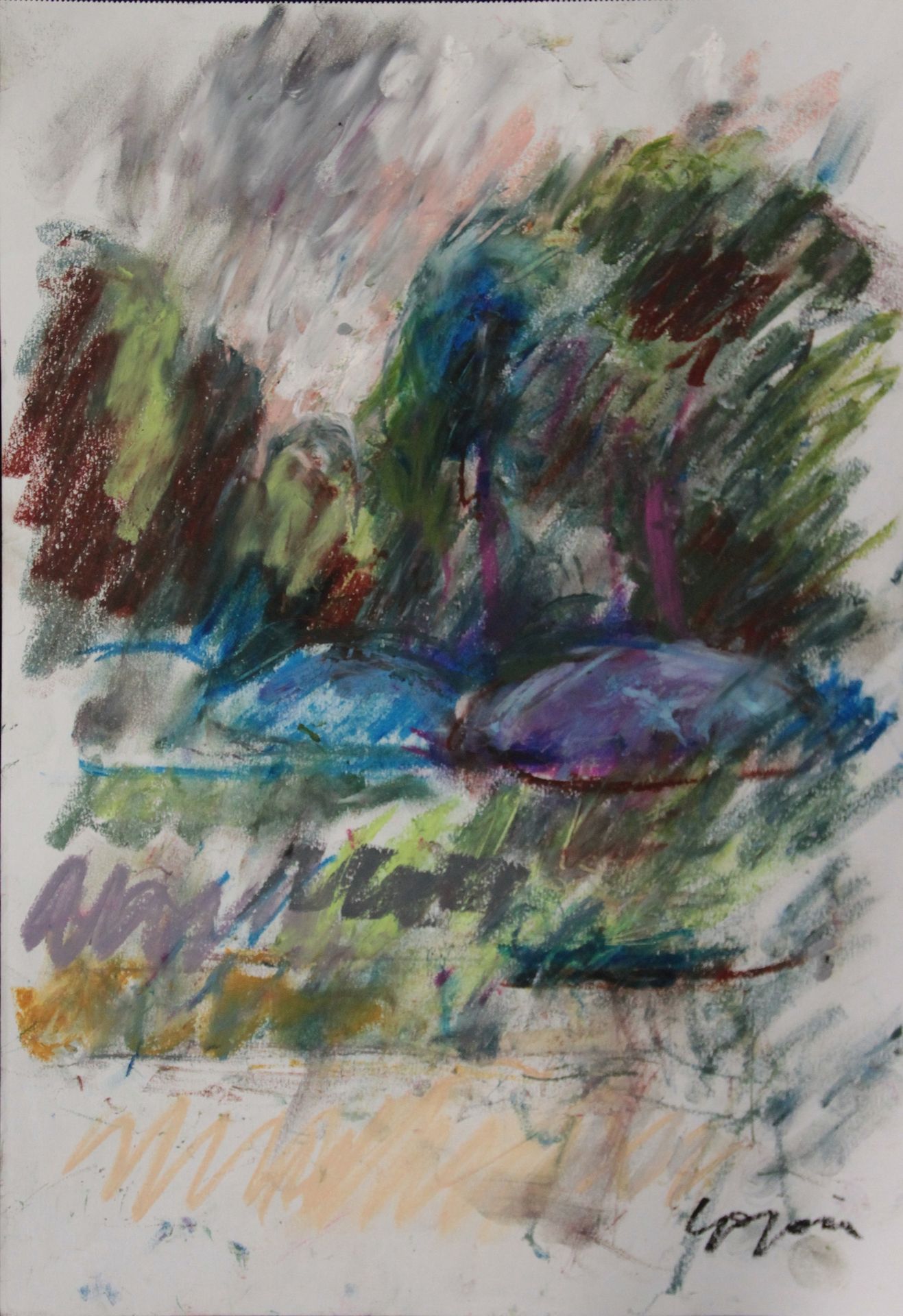 Null Pierre GOGOIS (né en 1935). "Les parasols". Pastel gras sur papier, signé e&hellip;
