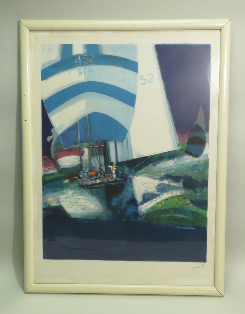 Null Segelboote in Antibes. Farblithographie auf Velin. 74,5 x 54 cm (stockfleck&hellip;
