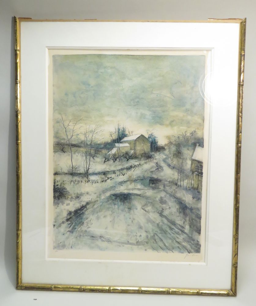 Null 伯纳德-甘特纳（1928-2018）。雪中的乡村风景。Velin上的彩色石版画，右下角有艺术家签名，左下角有 "H.C. "字样。70.5 x 53厘&hellip;