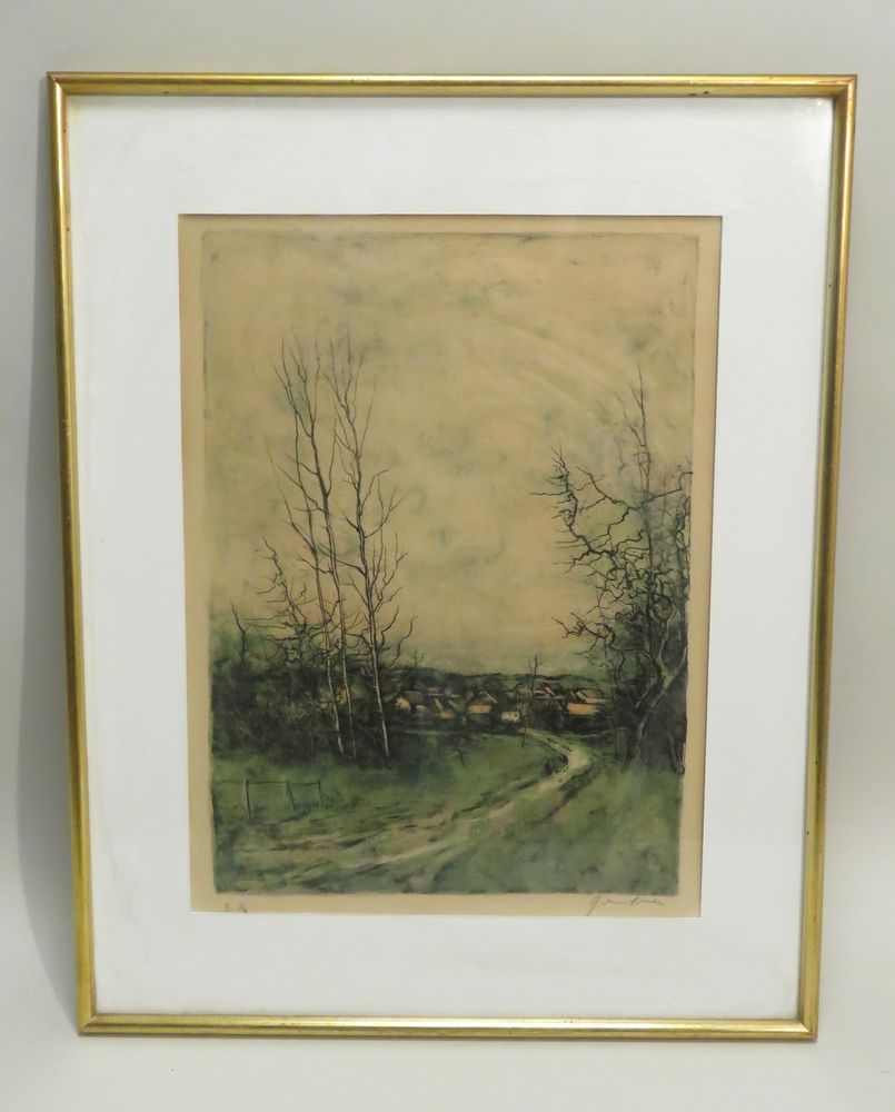 Null 伯纳德-甘特纳（1928-2018）。农村景观。纸上彩色石版画，右下方有艺术家签名，左下方有 "E.A. "字样。34.5 x 25.5厘米（展出）。