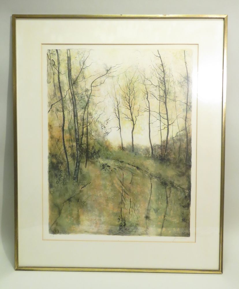 Null 伯纳德-甘特纳（1928-2018）。灌木丛中的路径。维林上的彩色石版画，右下方有艺术家的签名，左下方有 "E.A. "的字样。