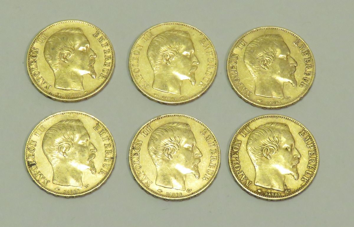 Null 
一套6枚 "20法郎拿破仑三世"（光头）金币，日期为1853年（X1）；1854年（X1）；1855年（X1）；1856年（X1）；1858年（X2&hellip;
