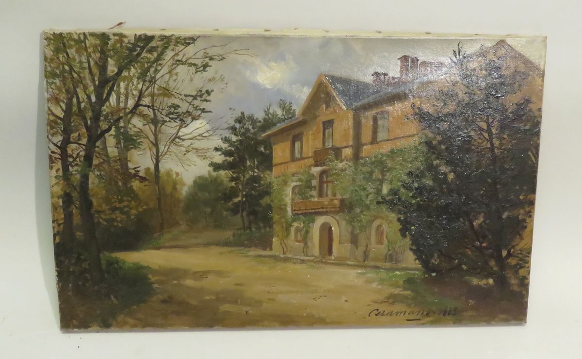 Null 查尔斯-费迪南-塞拉马诺（1829/31-1909）。一个资产阶级住宅的景色，1885年。布面油画，右下方有签名和日期。高度：35厘米 宽度：56厘米&hellip;