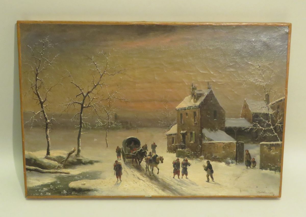Null 路易-克劳德-马勒布兰奇（1790-1838）。雪地上的士兵，约1830年（1830年比利时革命？）布面油画，右下方有签名。高：27厘米 宽：40.5&hellip;