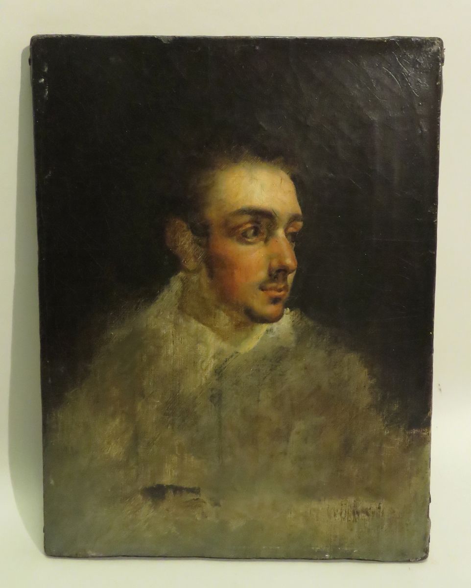 Null 19世纪的法国学校。一个男人的侧面肖像。布面油画，无签名。32 x 24,5厘米（修复）。