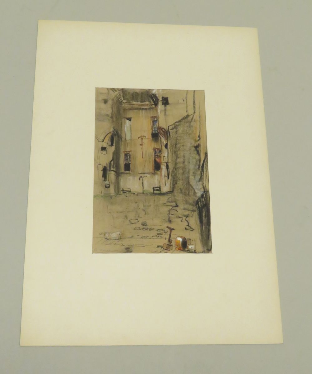 Null Charles JOUAS (1866-1942). "Cour intérieure". Mine de plomb, fusain, pastel&hellip;