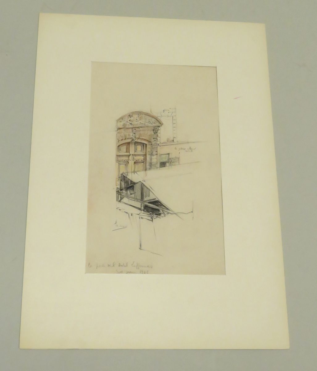 Null 查尔斯-茹阿斯（1866-1942）。"巴黎拉菲玛斯酒店的门。纸上石墨、铅笔和木炭，左下方有签名和标题/位置。31 x 24厘米（无画框）。
