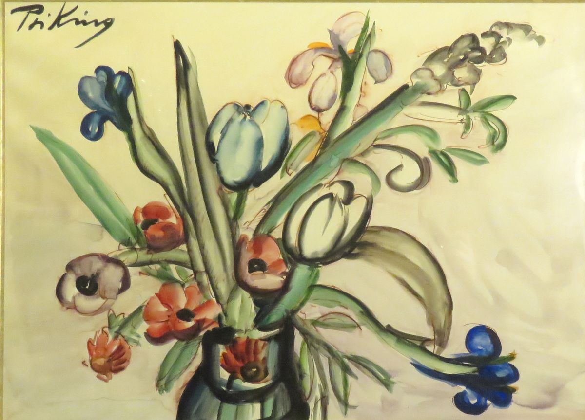 Null 弗朗茨-普里金（1929-1979）。盛开的花瓶。纸上水彩画，左上角签名。高度：52.5厘米 宽度：75.5厘米（见图）。