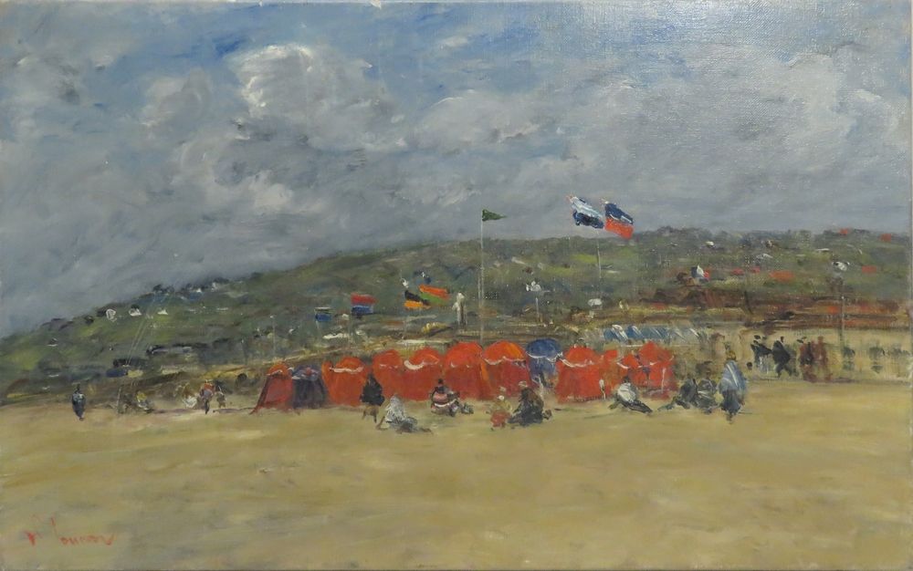 Null 让-皮埃尔-朱安（生于1943年）。"Deauvile, Les Parasols"。布面油画，左下方有签名，背面有位置和标题。高度：38厘米 宽度：&hellip;