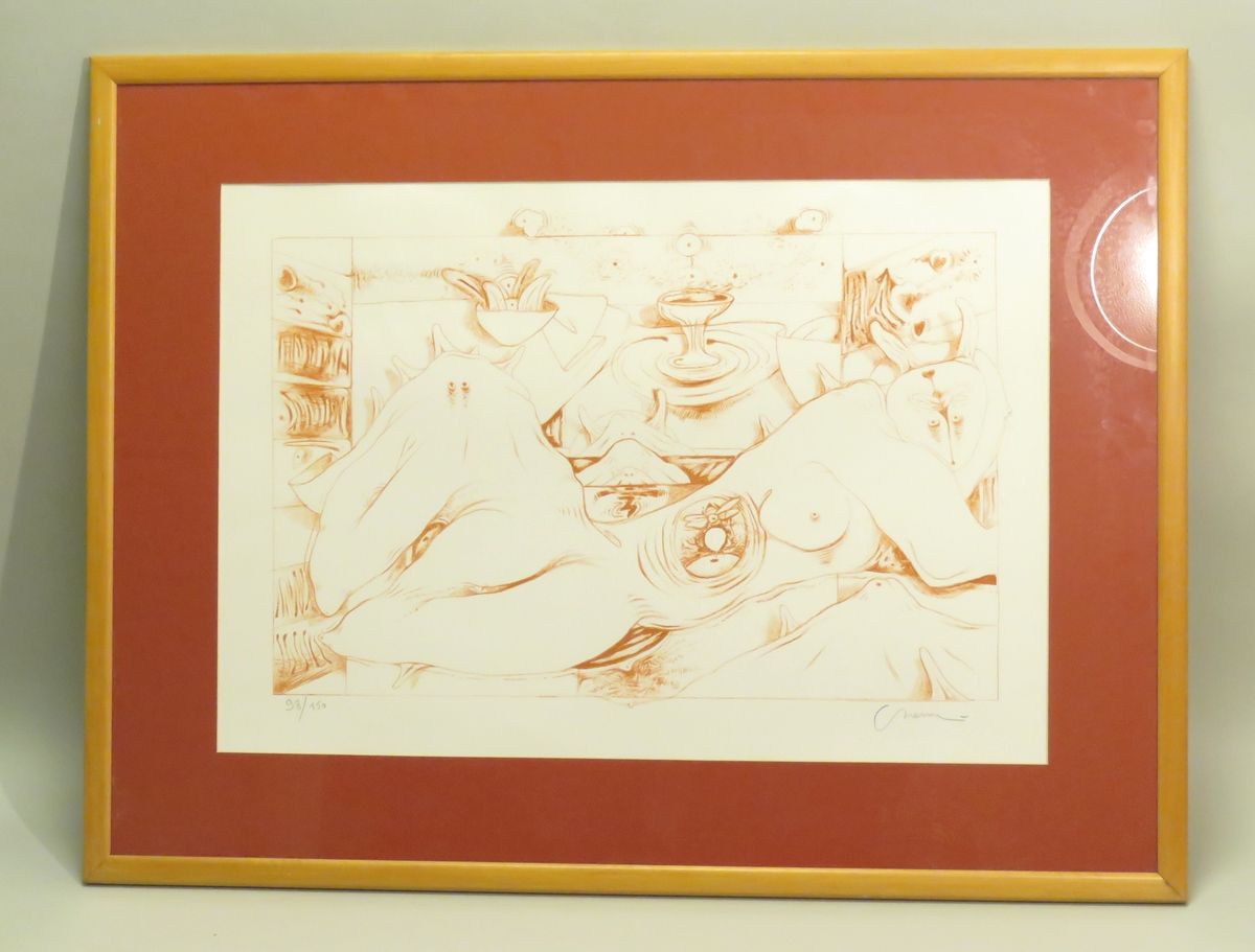 Null Jacques CHEMAY（1938-1996）。超现实主义的构成。Velin上的彩色石版画，右下角有签名，编号98/150，左下角有干印 "Col&hellip;