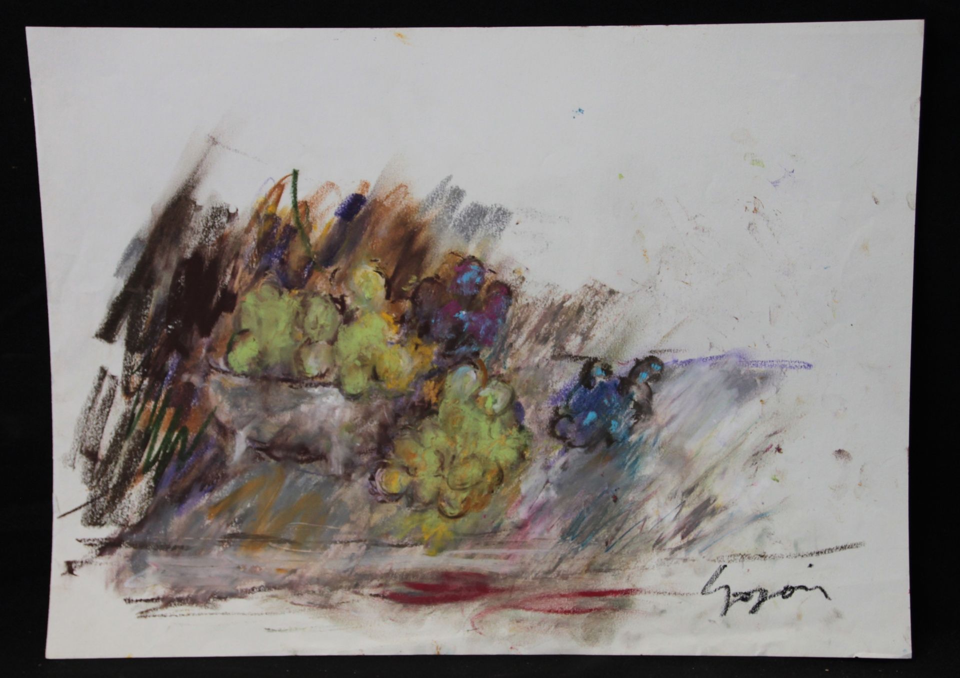 Null 皮埃尔-古戈瓦（生于1935年）。"一簇簇的葡萄"。纸上粉笔画，右下角有签名，背面有标题。高度：29,5厘米 宽度：40,5厘米（未装裱）。