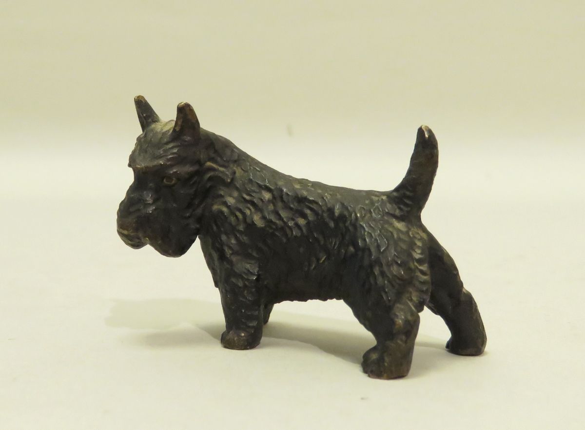 Null Soggetto in bronzo con patina marrone scuro raffigurante un terrier scozzes&hellip;