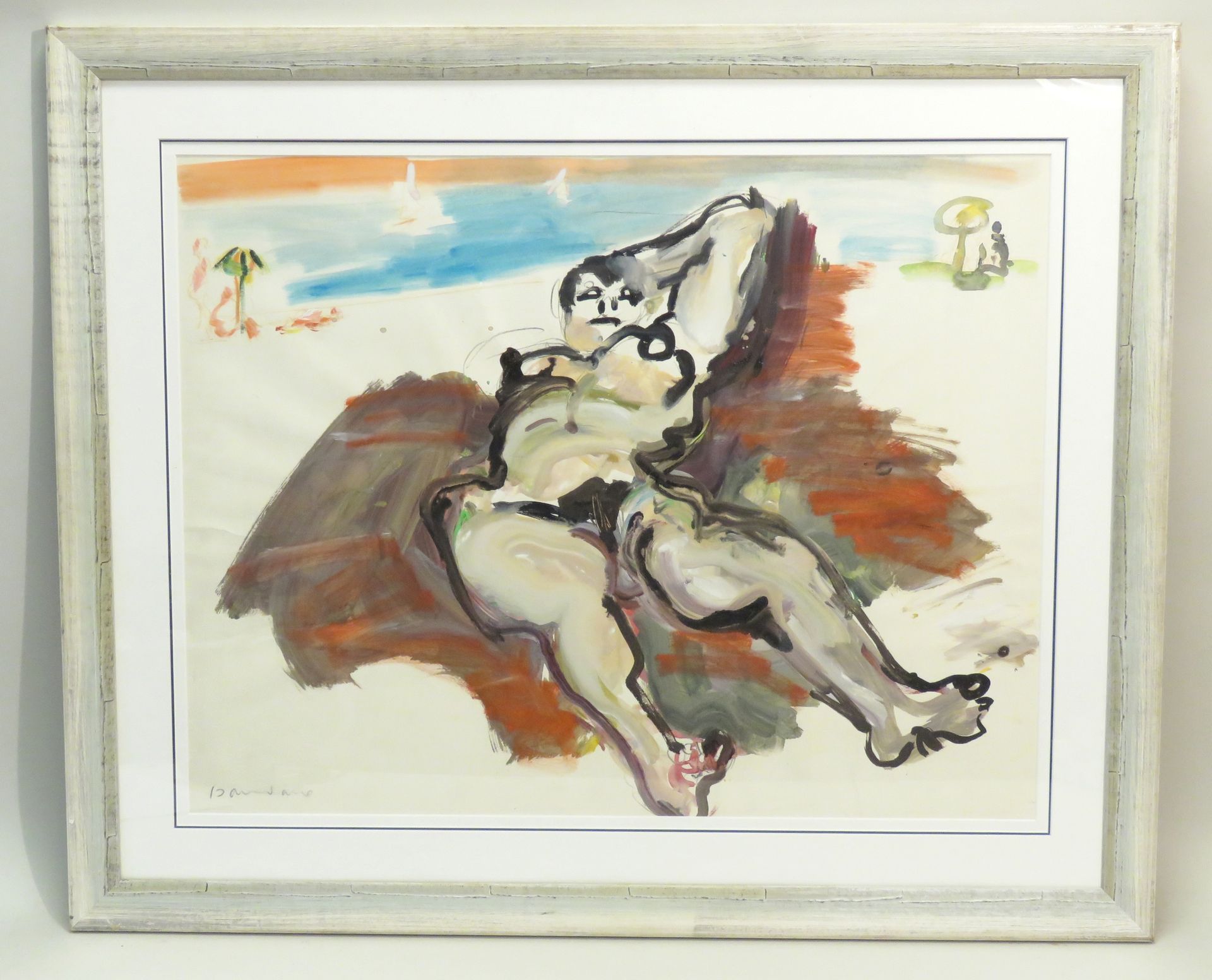Bernard DAMIANO (1926-2000). Scène de plage. Aquarelle et gouache sur papier, si&hellip;