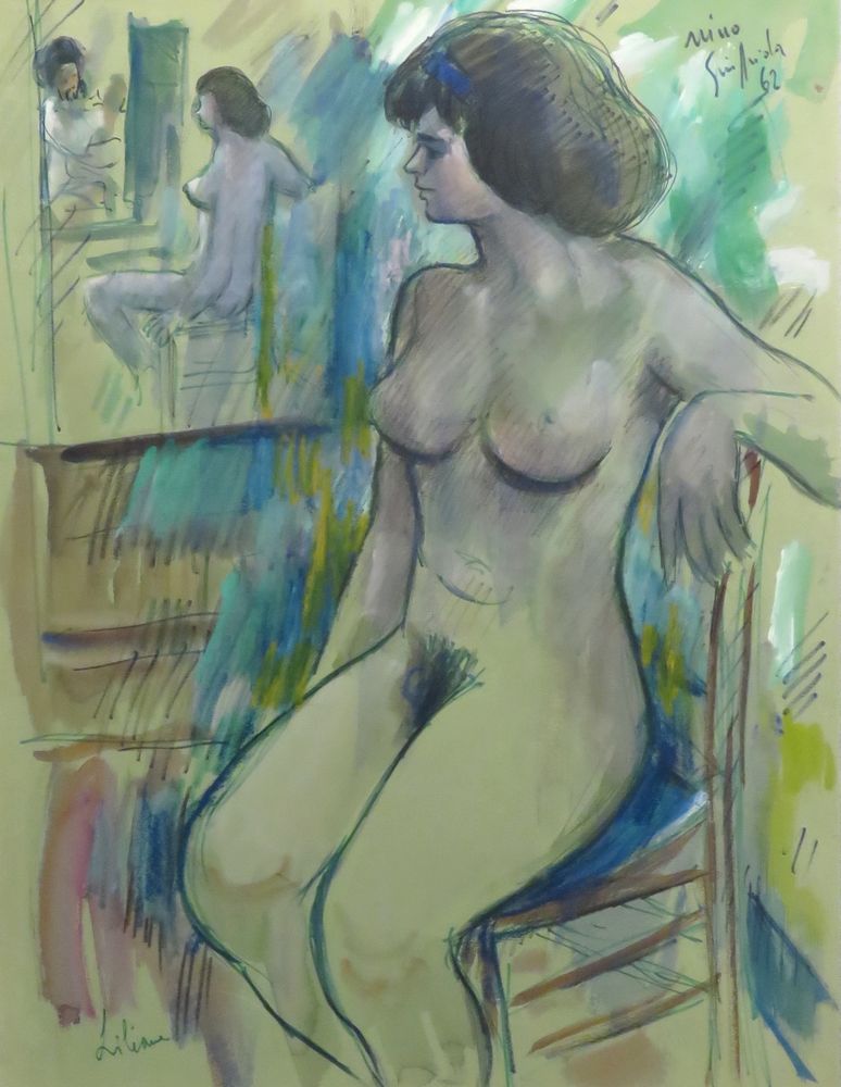 Null Nino GIUFFRIDA (né en 1924). "Liliane", 1962. Fusain, aquarelle et rehauts &hellip;