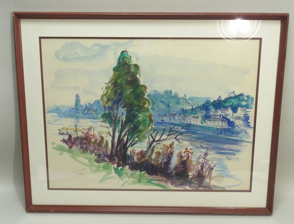 Null 艾梅-昂（1923-2012）。瓦兹河畔的风景和村庄，1972年。纸上水彩画，左下方有签名和日期。高度：46.5厘米 宽度：53厘米（见图）。