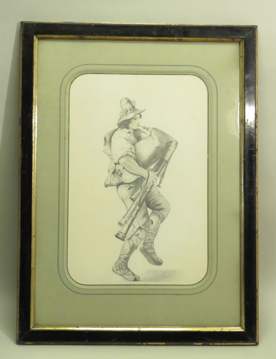 Null French school of the Xth century. The bagpipe player or biniou. Graphite on&hellip;