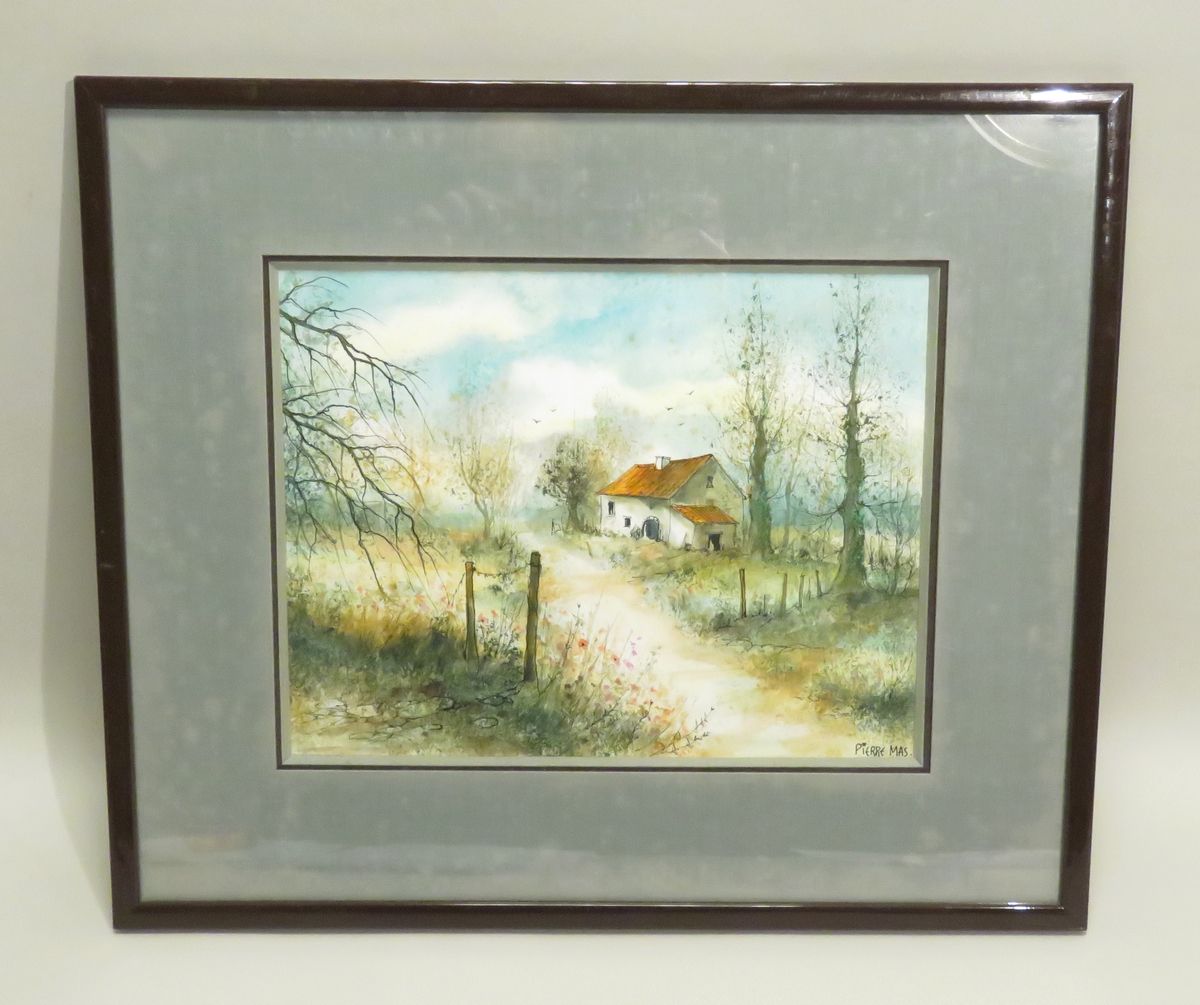 Null 皮埃尔-马斯（生于1933年）。乡村风景。印度墨水和水彩画在纸上，右下角有签名。24.5 x 31.5厘米。