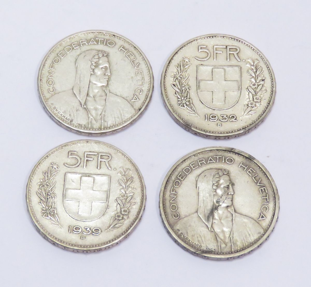 Null Lot von vier Silbermünzen zu 5 Francs "Confederation Helvetica", datiert 19&hellip;