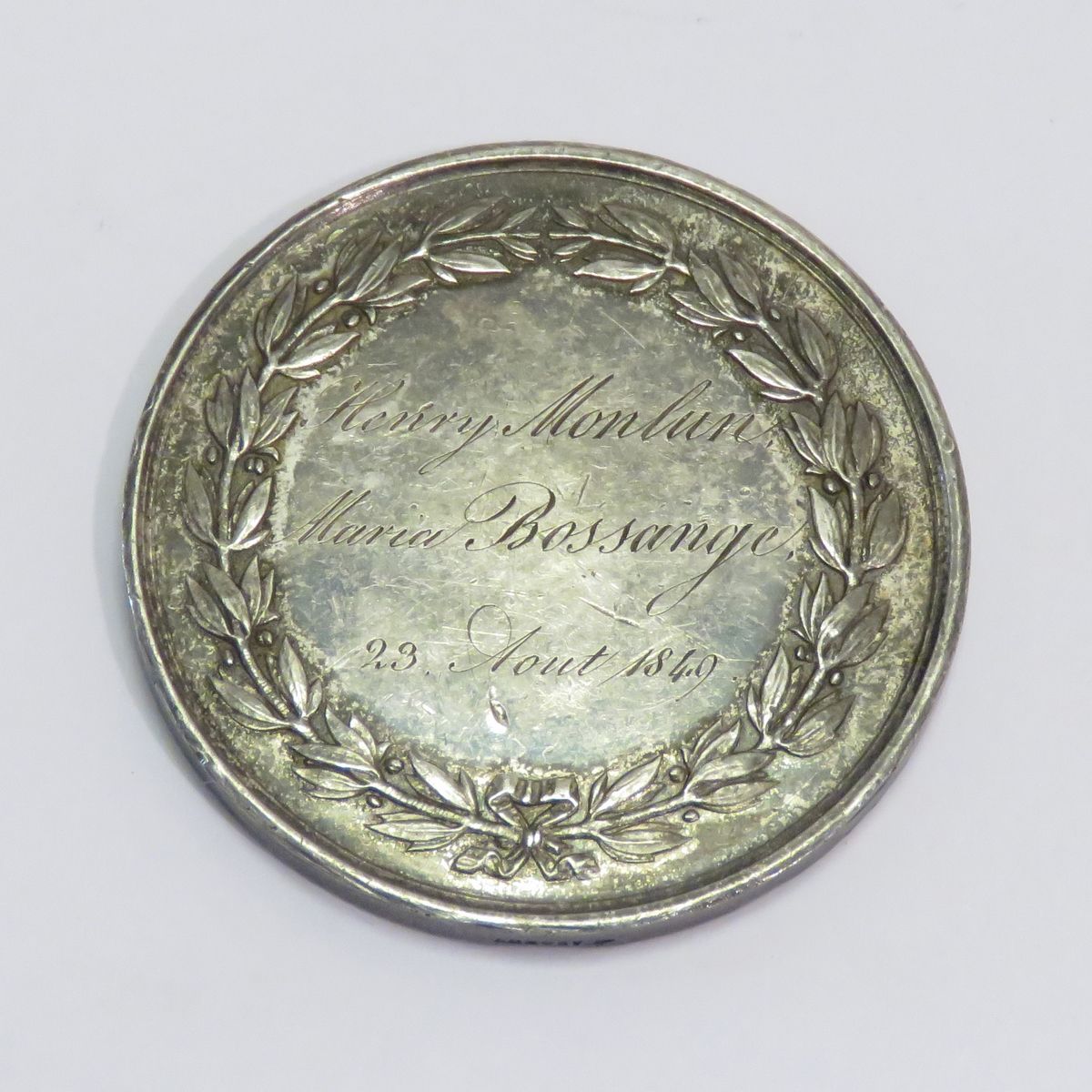 Null Silver wedding medal (engraved/numbered). 19th century. Net weight: 22g15. &hellip;