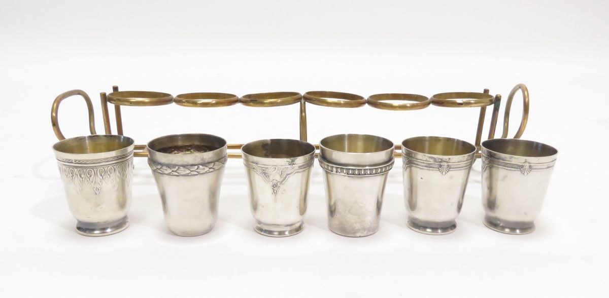 Null Set of six liqueur goblets (mismatched), silver-plated, with stand. 20th ce&hellip;