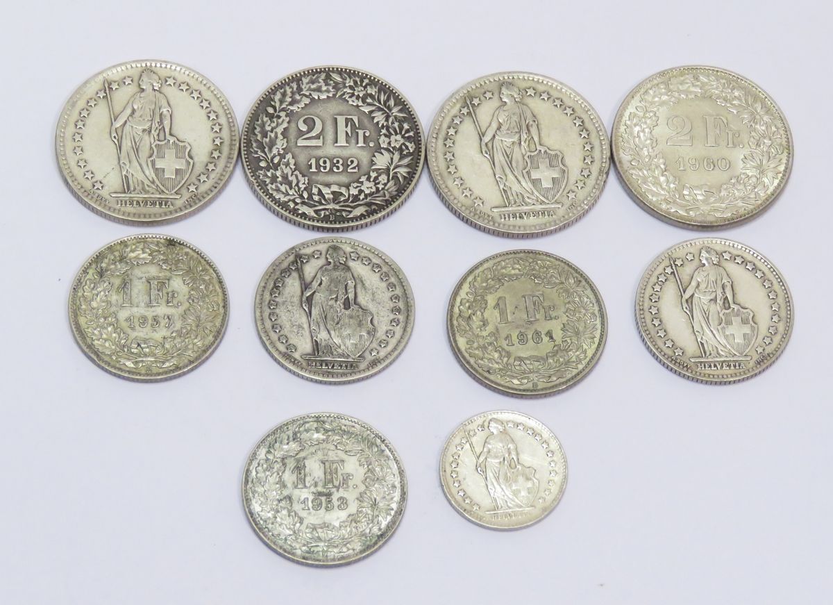 Null Münzposten zehn Silbermünzen "Helvetia", bestehend aus : -2 Francs datiert &hellip;