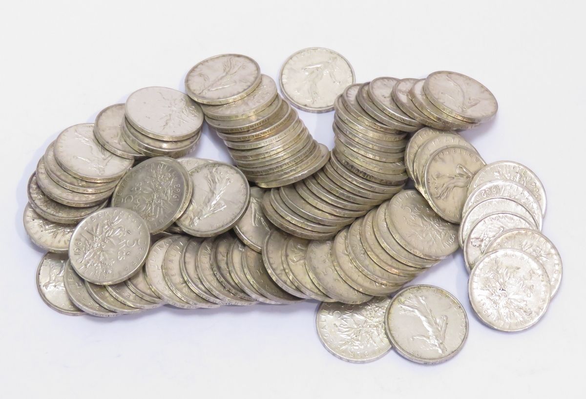 Null Important lot de pièces de 5 Francs "Semeuse" en argent (1959-1969). Poids &hellip;