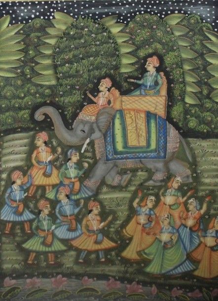 Null PITCHWAI. Scène de palais. Peinture sur soie. Rajasthan, XXème siècle. Haut&hellip;