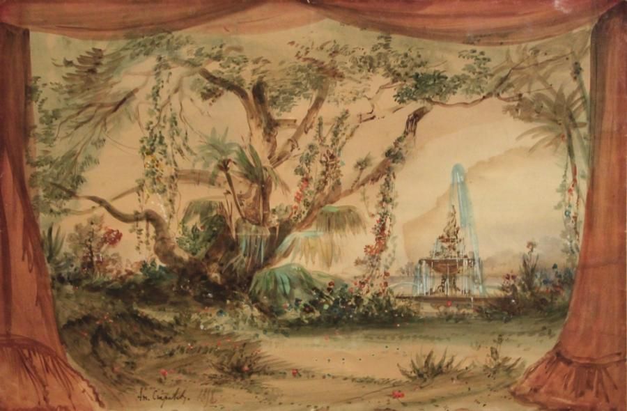 Null Louis Amable CRAPELET (1822-1867). Projet de décor de théâtre, 1818. Lavis &hellip;