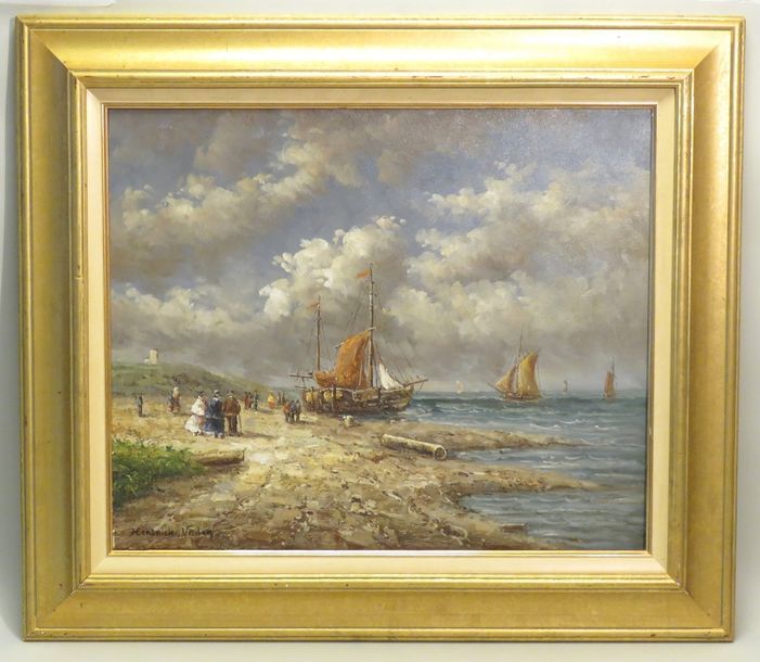 Null Hendrik VADER (1928-1997). Etape en bord de mer. Huile sur toile, signée en&hellip;