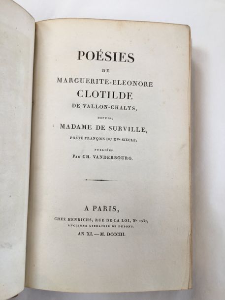 CLOTILDE DE SURVILLE Poésies, publiées par Ch. Vanderbourg. Paris, Henrichs, An &hellip;