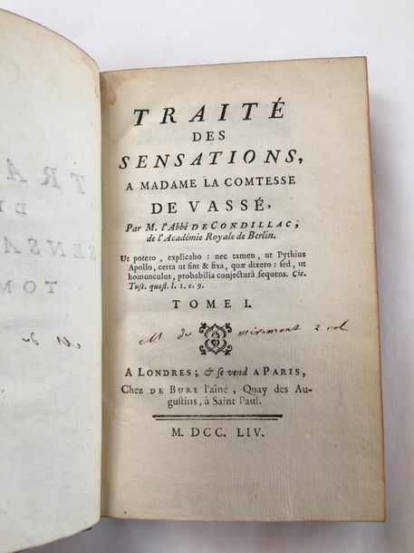 CONDILLAC Traité des sensations. Londres, Paris, De Bure l'aîné, 1754. 2 volumes&hellip;