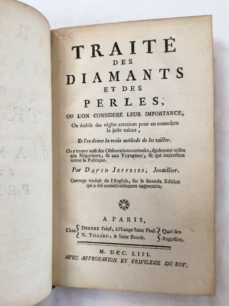 JEFFRIES (David) Traité des diamants et des perles. Paris, Debure, Tilliard, 175&hellip;