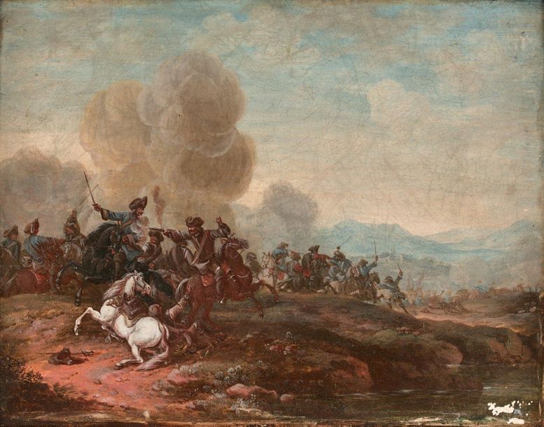 Attribué à August QUERfURT (1696-1761) 
Choc de cavalerie
Toile marouflée sur pa&hellip;