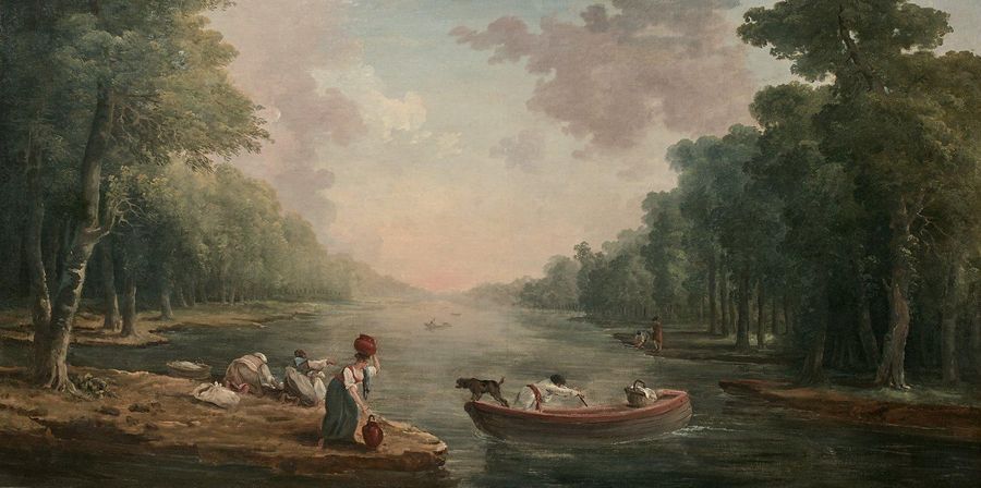 Hubert ROBERT (Paris 1733-1808) 
Les lavandières sur le canal de Chantilly
Canva&hellip;