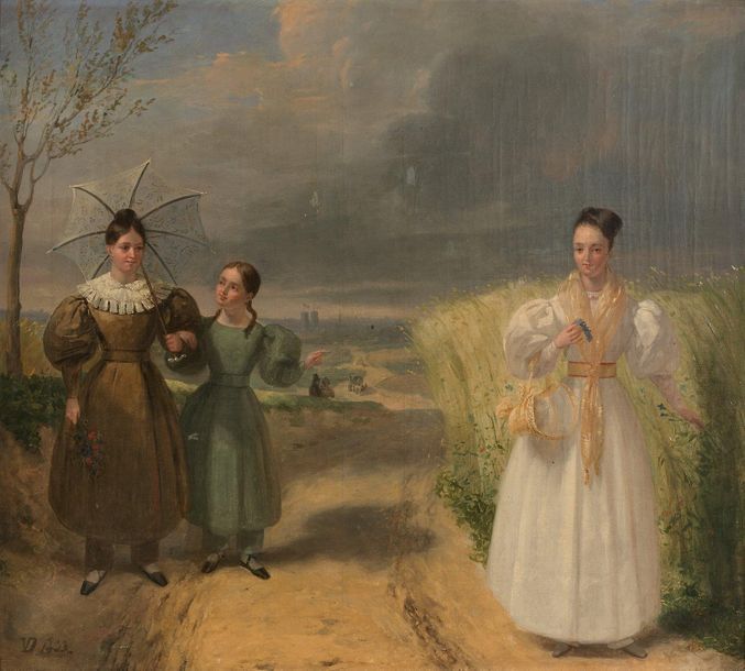 ÉCOLE ROMANTIQUE DU XIXe siècle 
Women with Parasols
Oil on canvas
Monogrammed V&hellip;