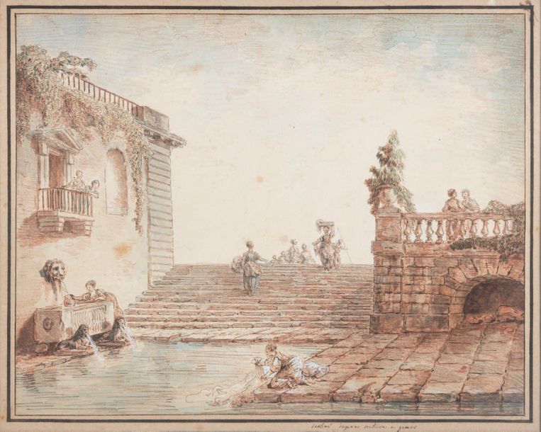 Hubert ROBERT (1733-1808) 
Vue animée de Gênes avec des lavandières
Plume et enc&hellip;