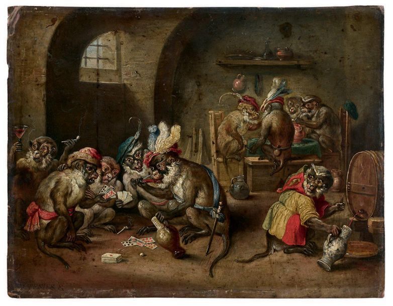 Ecole Flamande du XVIIIe siècle, suiveur de David TENIERS 
Singes dans un intéri&hellip;