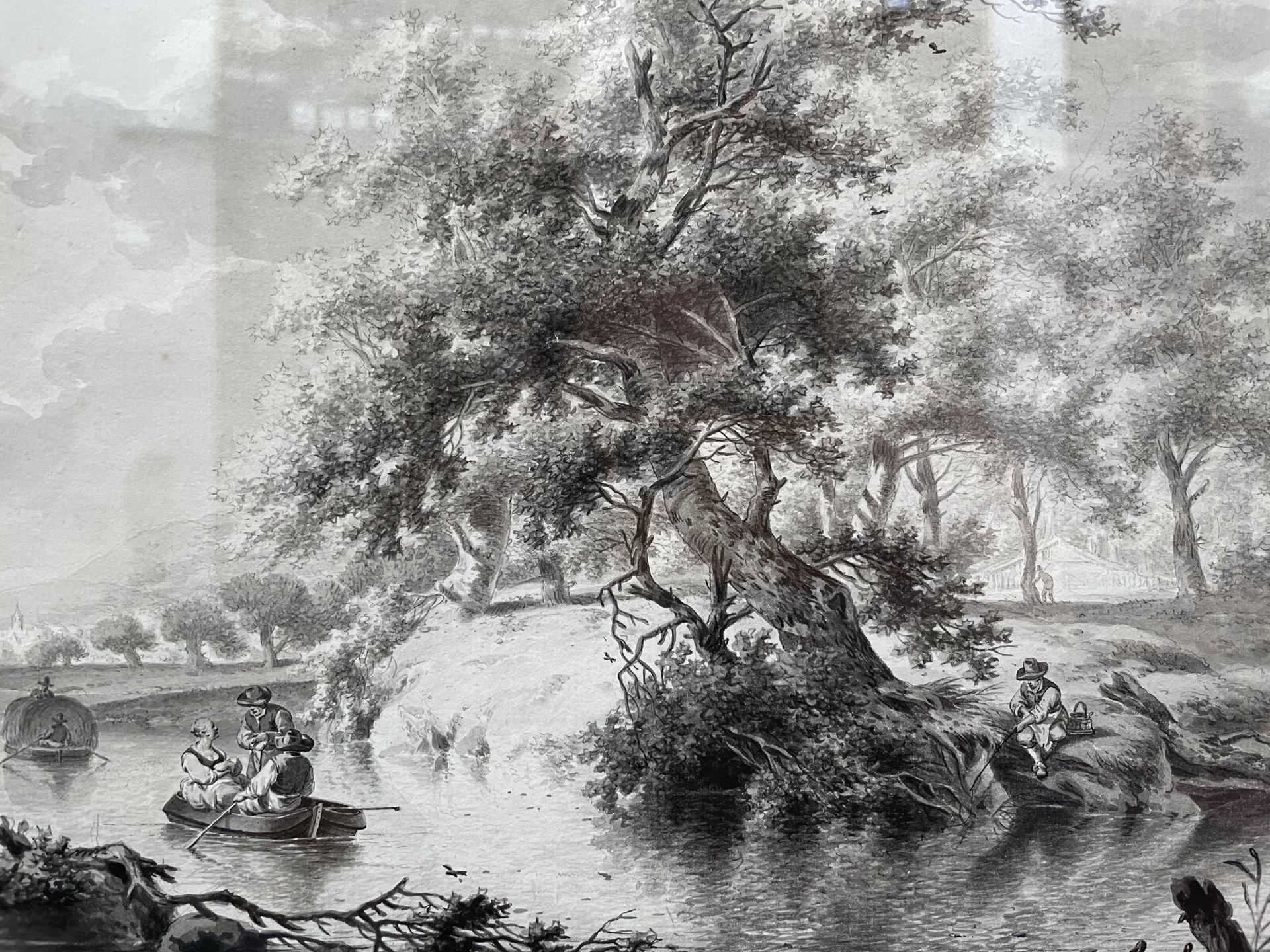 Attribué à Dirk Jan van der LAAN (1759 - 1829) 
动画河流景观
黑色铅笔笔触上的钢笔和黑色墨水，灰色水洗
27 x&hellip;