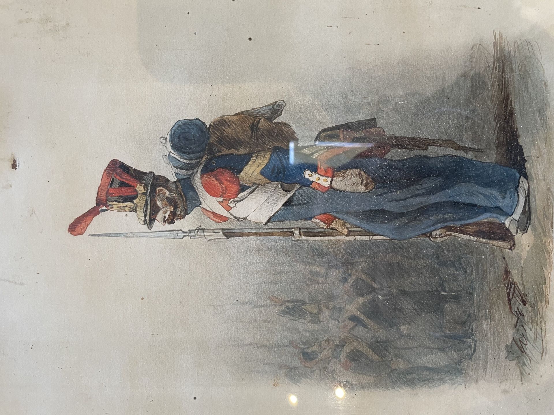 ECOLE FRANCAISE DU XIXème siècle 
士兵在前线
两幅水彩和铅笔画
29x22.5厘米。(一见)。
