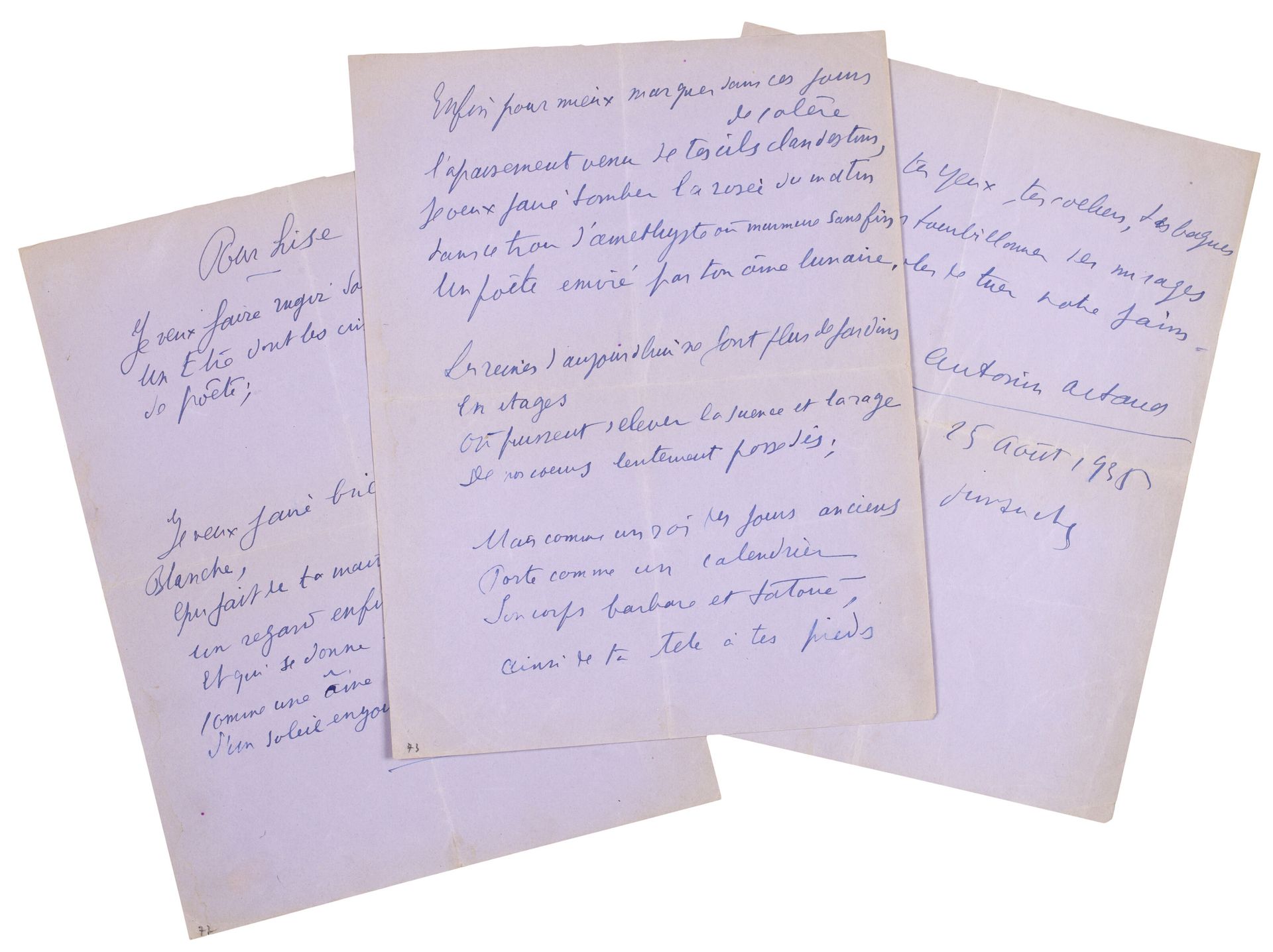 ARTAUD Antonin. 供阅读。签名的自传诗。1935年8月25日星期日。淡紫色牛皮纸蓝墨水3页4号。
，是一首赞美丽丝-德哈姆的极好的诗，风格惊人，相&hellip;