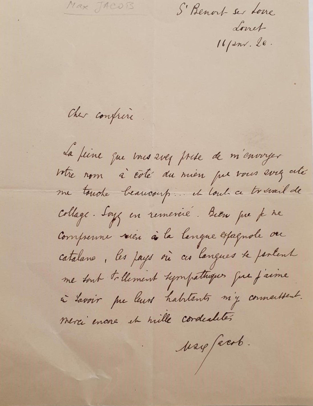 JACOB (Max) poète français (1876-1944). 亲笔签名的信，写给"亲爱的兄弟"，卢瓦尔河畔圣贝诺瓦，1926年1月16日，1-&hellip;
