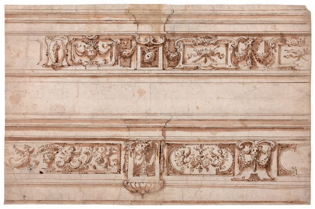 Entourage de la famille ALBERTI (école italienne du XVIe siècle) 两幅灰泥门楣
钢笔和棕色墨水，&hellip;